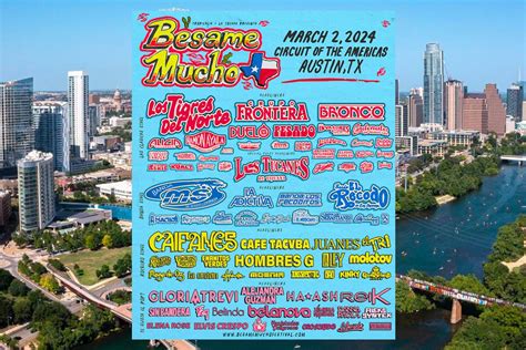 Besame mucho festival 2024 - Oct. 30, 2023 11:31 AM PT. The L.A.-based Bésame Mucho Festival is expanding to Austin, Texas, for legendary Latino performances at the Circuit of the Americas Stadium on March 2, 2024. The ...